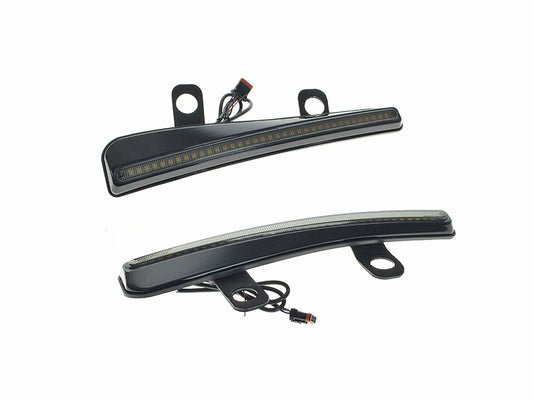 LED Windshield Trim with Turn Signals – Smoke Lens, Gloss Black Housing. Fits CVO Road Glide (inc ‘ST’) 2023up & Roadglide 2024up.
