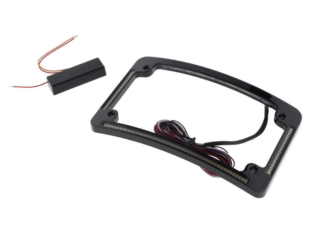 Curved Number Plate Frame with LED Amber Turn Signals & Red Brake Light -Black.