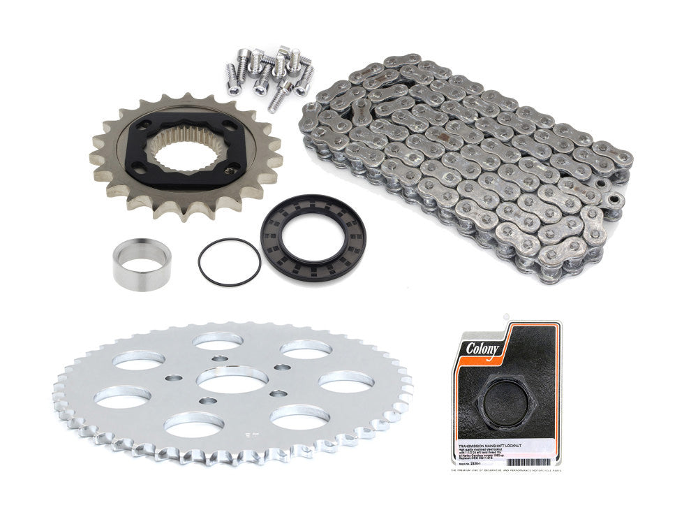 Rear Drive Belt to Chain Conversion. Fits Sportster 1991-1999. Silver rear Sprocket. Final Drive Ratio = 2.18:1