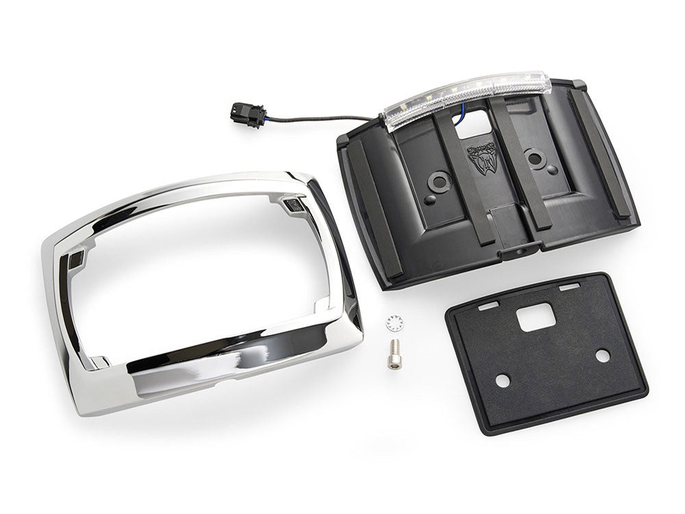 Curved Number Plate Frame with Number Plate Light Only – Chrome. Fits CVO Touring 2023up & Street Glide & Road Glide 2024up