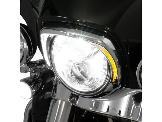 Fang LED Headlight Bezel with Amber Turn Signals & White Running Lights – Chrome. Fits Touring 2014-2023