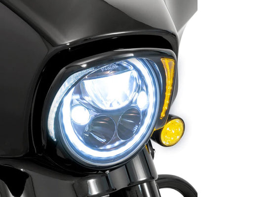 Fang LED Headlight Bezel with Amber Turn Signals & White Running Lights – Black. Fits Touring 2014-2023