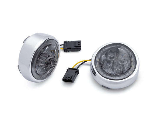 Fang LED Front Turn Signal Inserts – Chrome. Amber Turn, White Run with Smoke Lenses. Fits CVO Touring 2016up Models.