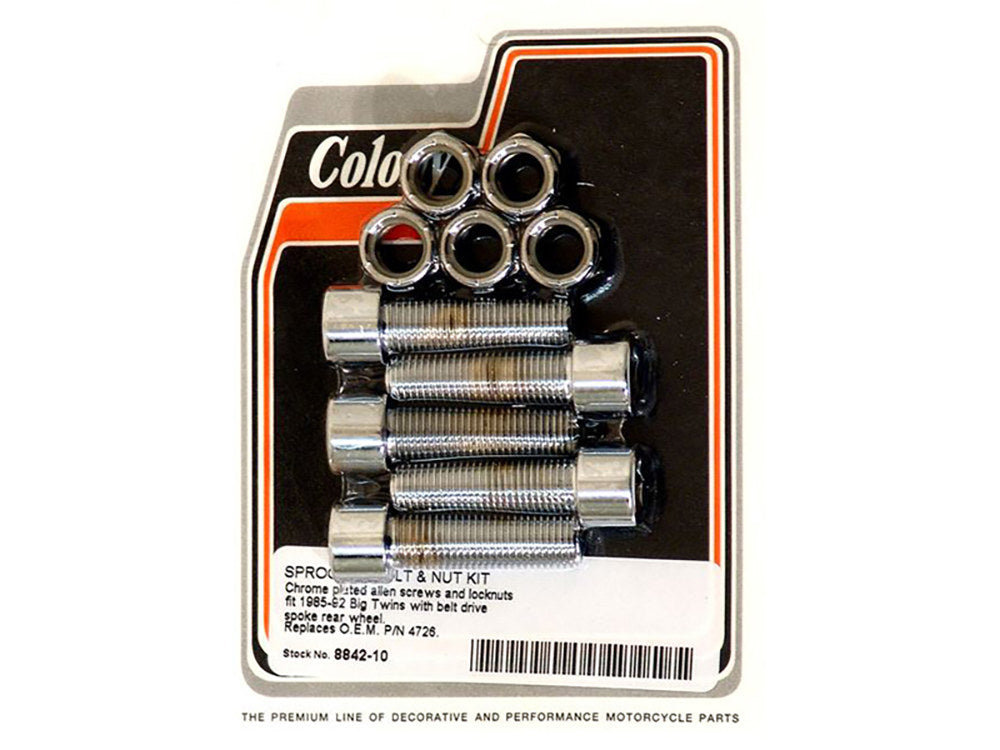 7/16-20 x 1-1/4in. Sprocket Bolt Kit with Nyloc Nuts – Chrome. Fits Big Twin & Sportster 1973-1990 with Chain Drive Spoke Rear Wheel.