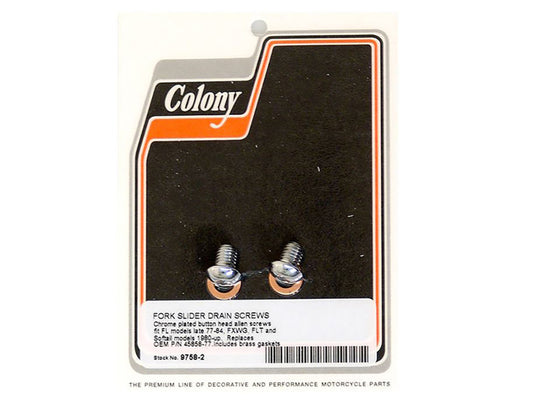 Button Head Allen Fork Slider Drain Bolts – Chrome. Fits Softail 1984-2017, FXWG 1980-1986, Dyna Wide Glide 1993-2005 & Touring 1977-2013 with 41mm Fork Tubes
