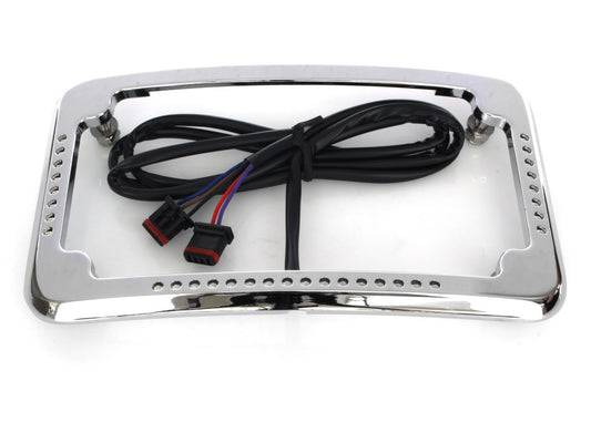 Curved Slick Signal Run, Turn, Brake & Number Plate Frame – Chrome. Fits Softail 2018up.