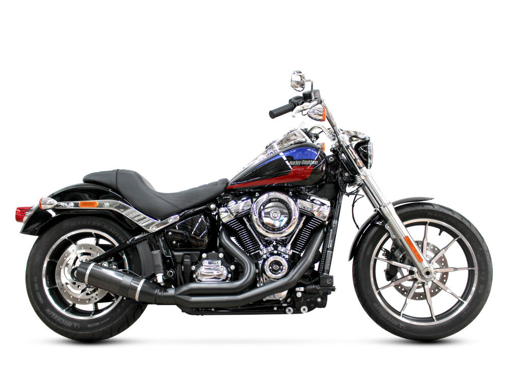 Bob Cat 2-into-1 Exhaust – Black with Carbon Fibre Sleeve Muffler. Fits Softail 2018up Non-240 Tyre Models.