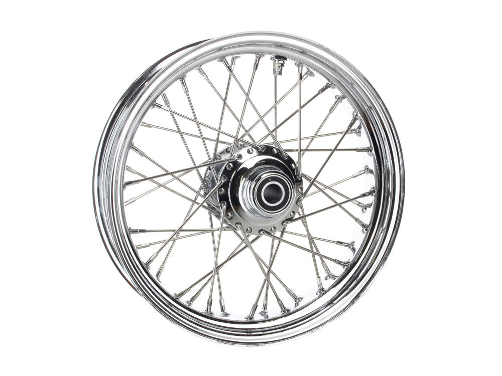 16in. x 3.5in. Front 40 Spoke Cross Laced Wheel – Chrome. Fits FL Softail 1986-1999 & FX Springer 1989-1999.