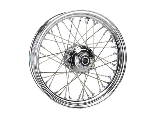 16in. x 3.5in. Front 40 Spoke Cross Laced Wheel – Chrome. Fits FL Softail 1986-1999 & FX Springer 1989-1999.