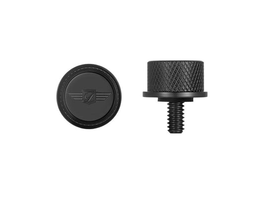 1/4in.-20 Knurled Seat Mount Screw – Black with Figurati Designs Logo. Fits H-D 1996up