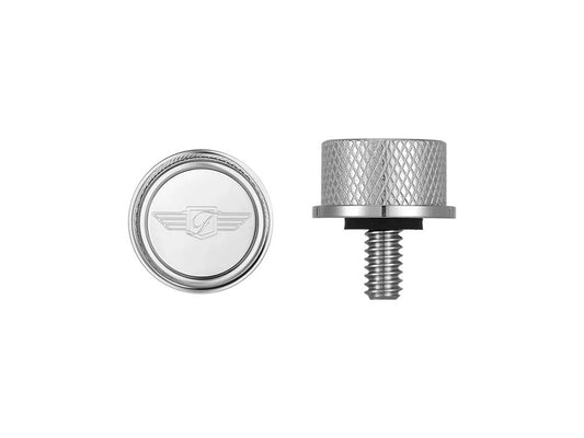 1/4in.-20 Knurled Seat Mount Screw – Stainless with Figurati Designs Logo. Fits H-D 1996up