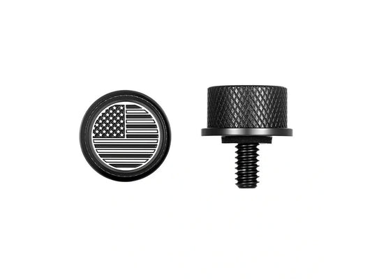 1/4in.-20 Knurled Seat Mount Screw – Black with American Flag. Fits H-D 1996up