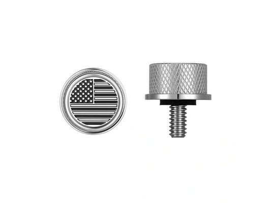 1/4in.-20 Knurled Seat Mount Screw – Stainless with American Flag. Fits H-D 1996up
