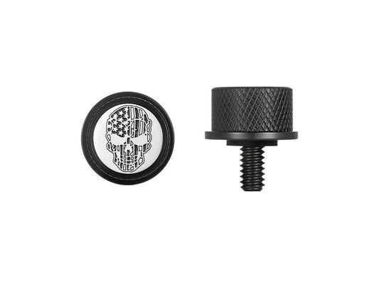 1/4in.-20 Knurled Seat Mount Screw – Black with American Flag Skull. Fits H-D 1996up