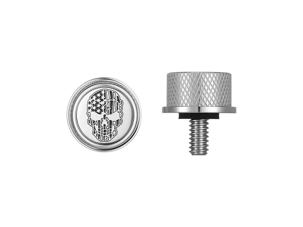 1/4in.-20 Knurled Seat Mount Screw – Stainless with American Flag Skull. Fits H-D 1996up