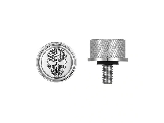 1/4in.-20 Knurled Seat Mount Screw – Stainless with American Flag Skull. Fits H-D 1996up