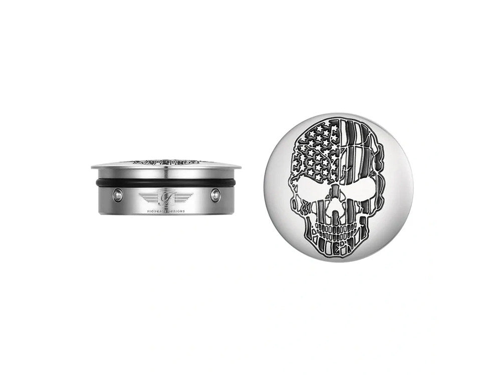 Swingarm Pivot Bolt Covers – Stainless with American Flag Skull. Fits Touring 2011up