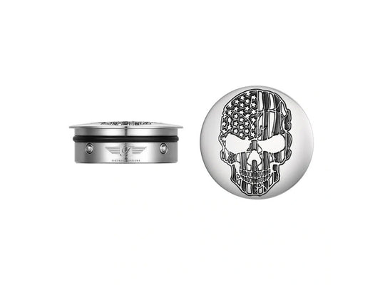 Swingarm Pivot Bolt Covers – Stainless with American Flag Skull. Fits Touring 2011up