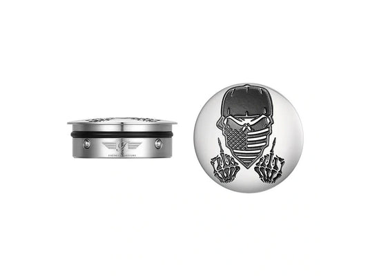 Swingarm Pivot Bolt Covers – Stainless with Masked Skull. Fits Touring 2011up