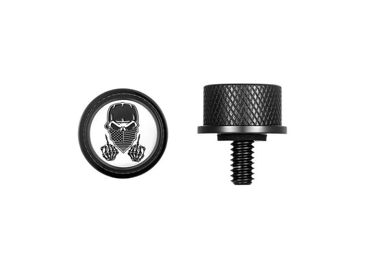 1/4in.-20 Knurled Seat Mount Screw – Black with Masked Skull. Fits H-D 1996up