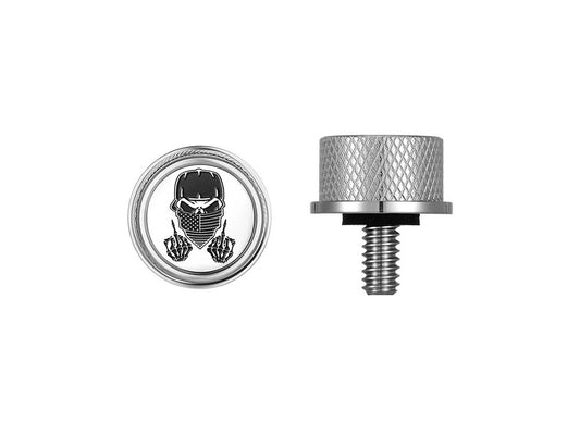1/4in.-20 Knurled Seat Mount Screw – Stainless with Masked Skull. Fits H-D 1996up