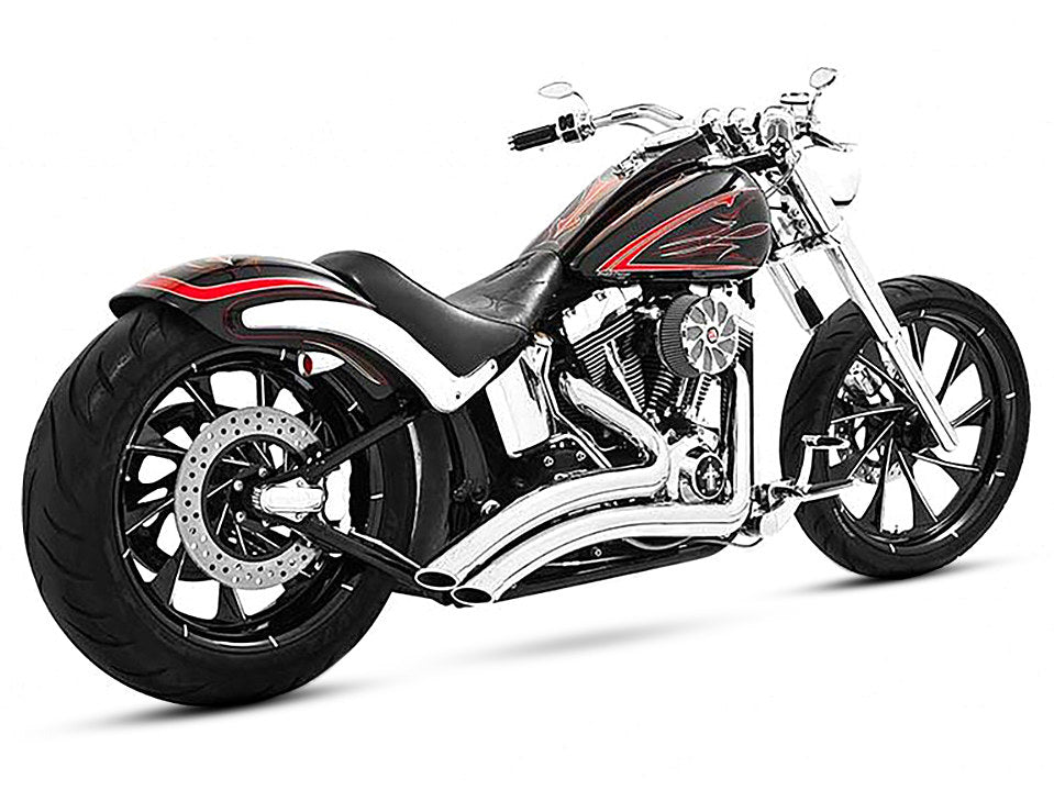 Sharp Curve Radius Exhaust – Chrome with Chrome End Caps. Fits Softail Breakout 2013-2017 & Rocker 2008-2011.