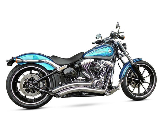 Sharp Curve Radius Exhaust – Chrome with Black End Caps. Fits Softail Breakout 2013-2017 & Rocker 2008-2011.