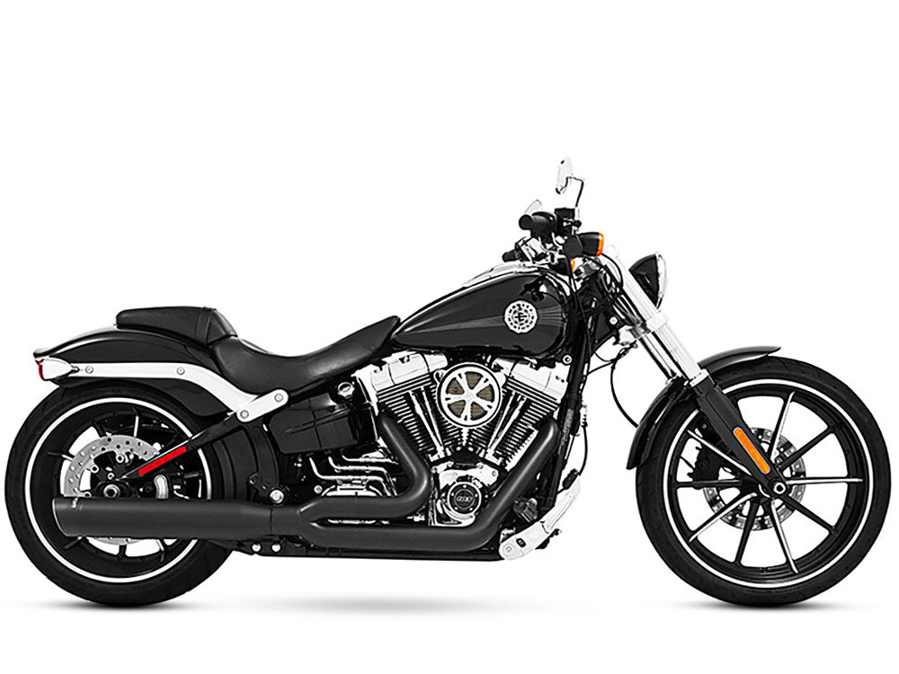 Union 2-into-1 Exhaust – Black with Black End Caps. Fits Softail Breakout 2013-2017 & Rocker 2008-2011.