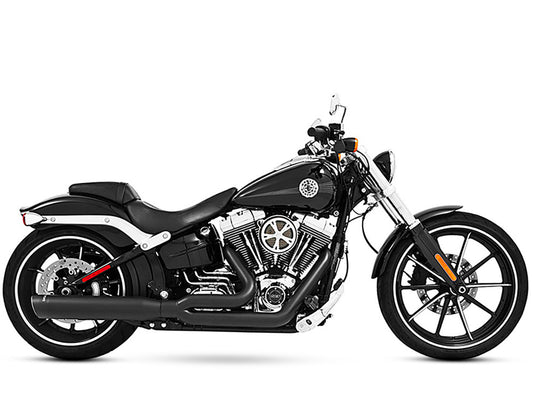 Union 2-into-1 Exhaust – Black with Black End Caps. Fits Softail Breakout 2013-2017 & Rocker 2008-2011.