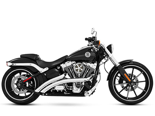 Radical Radius Exhaust – Chrome with Chrome End Caps. Fits Softail Breakout 2013-2017 & Rocker 2008-2011.