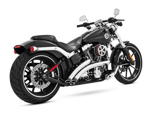 Radical Radius Exhaust – Chrome with Black End Caps. Fits Softail Breakout 2013-2017 & Rocker 2008-2011.