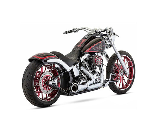 Turnout 2-into-1 Exhaust – Chrome with Black End Cap. Fits Softail Breakout 2013-2017 & Rocker 2008-2011.