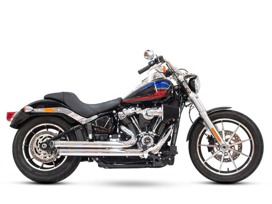 Independence Staggered Slash Exhaust – Chrome with Black End Caps. Fits Softail 2018up.