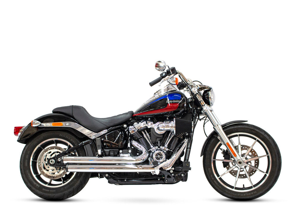 Independence Staggered Exhaust – Chrome with Black End Caps. Fits Softail 2018up.