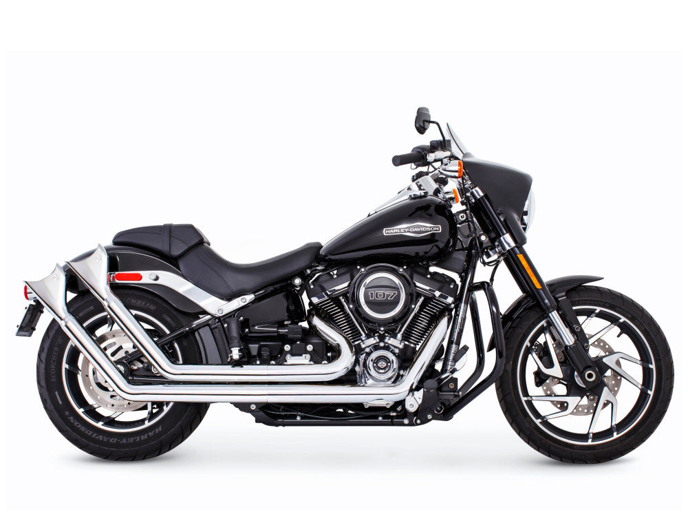 Upsweeps Exhaust – Chrome with Chrome Sharktail End Caps. Fits Softail 2018up.