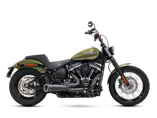 Combat Shorty 2-into-1 Exhaust – Black with Black End Cap. Fits Softail 2018up.