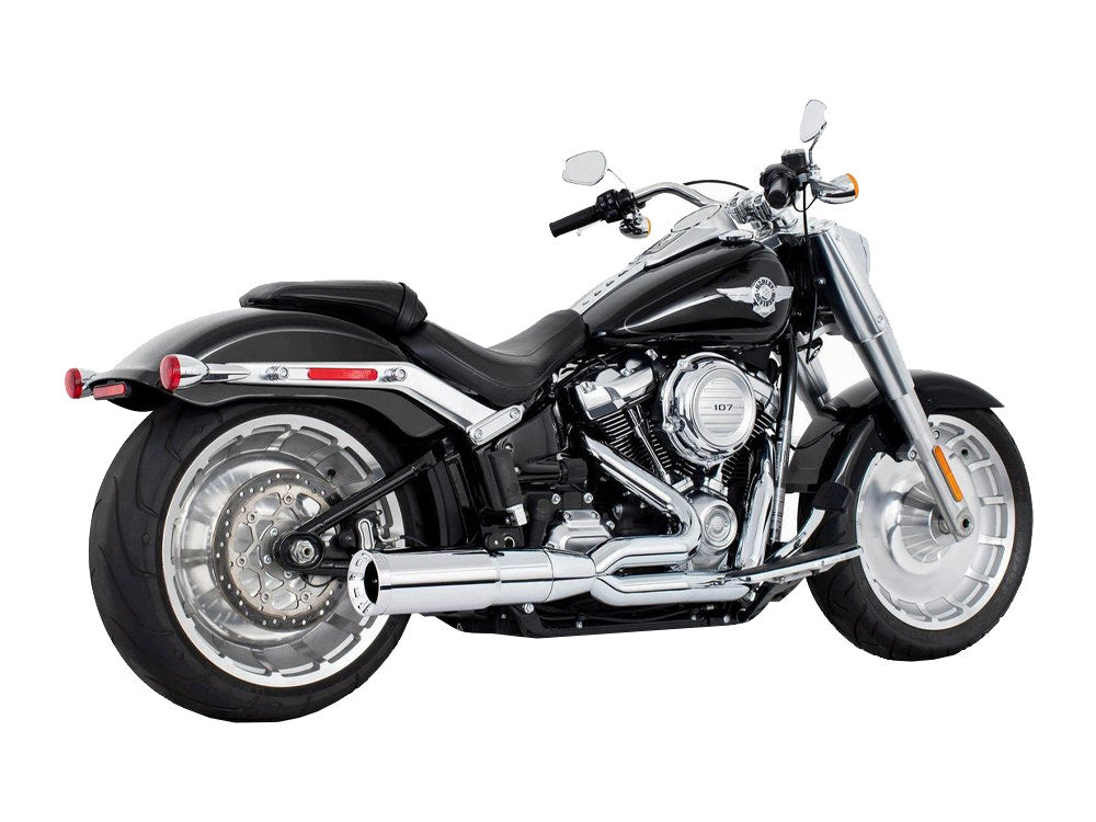 2-into-1 Two Step Exhaust – Chrome with Chrome End Cap. Fits Softail Breakout & Fatboy 2018up with 240 Tyre.