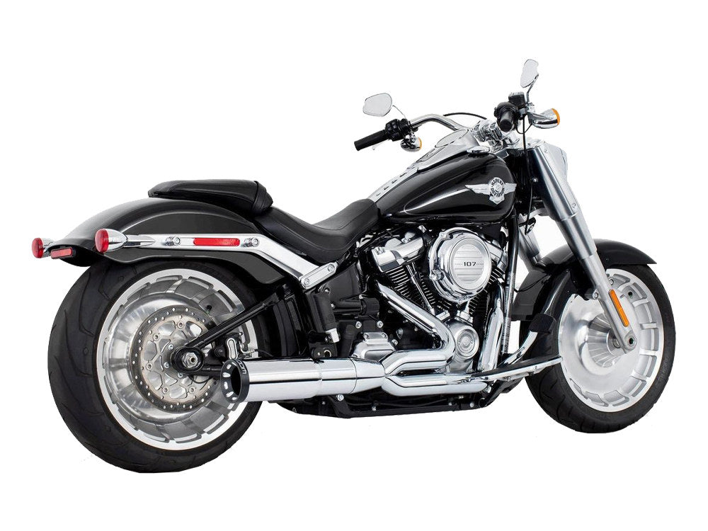 2-into-1 Two Step Exhaust – Chrome with Black End Cap. Fits Softail Breakout & Fatboy 2018up with 240 Tyre.