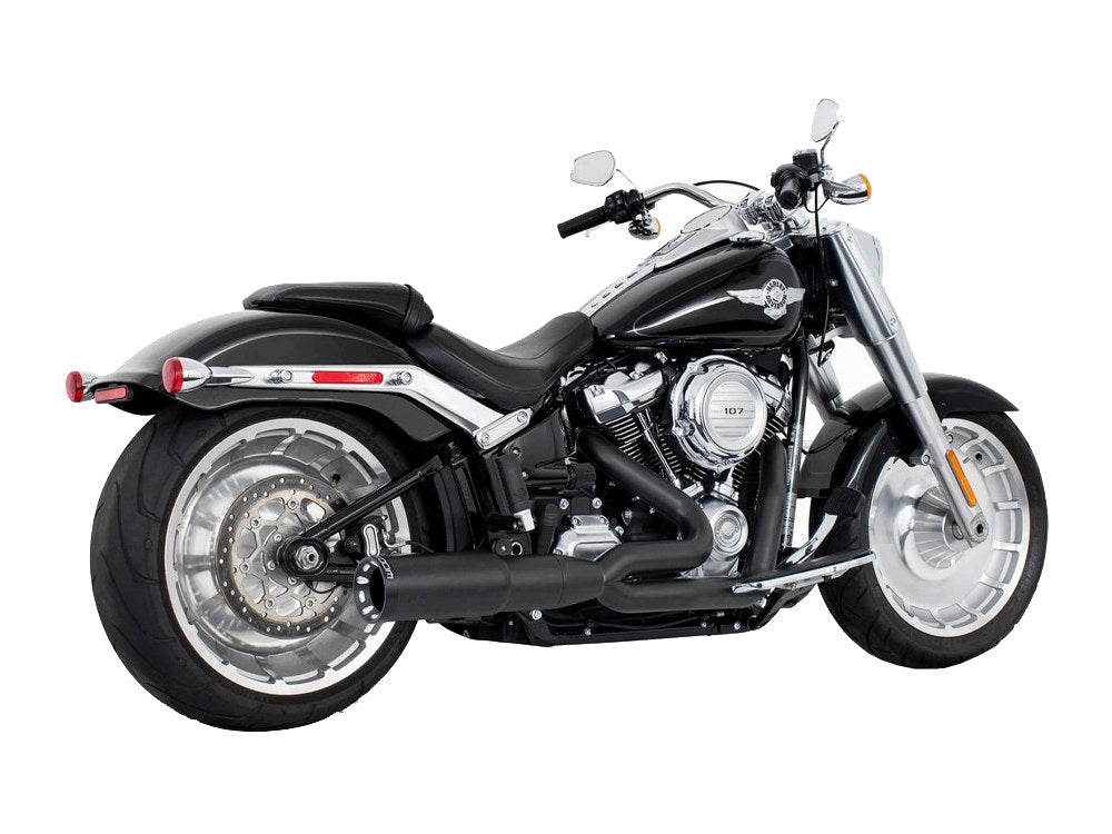 2-into-1 Two Step Exhaust – Black with Black End Cap. Fits Softail Breakout & Fatboy 2018up with 240 Tyre.