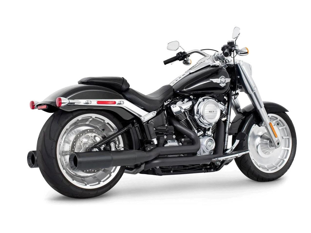 4.5in. Two-Step Trual Dual Exhaust – Black with Pitch Black End Caps. Fits Softail Breakout & Fatboy 2018up with 240 Tyre.