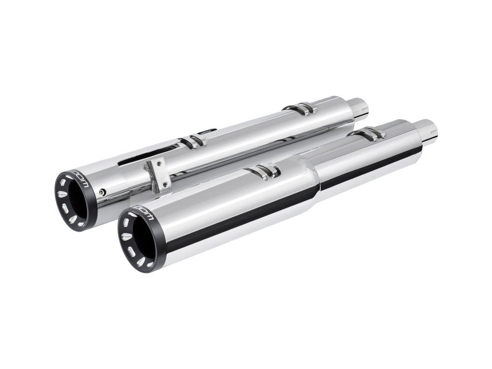 4.5in. Slip-On Mufflers – Chrome with Sculpted Straight End Caps. Fits Indian Big Twin 2014up with Hard Saddle Bags.