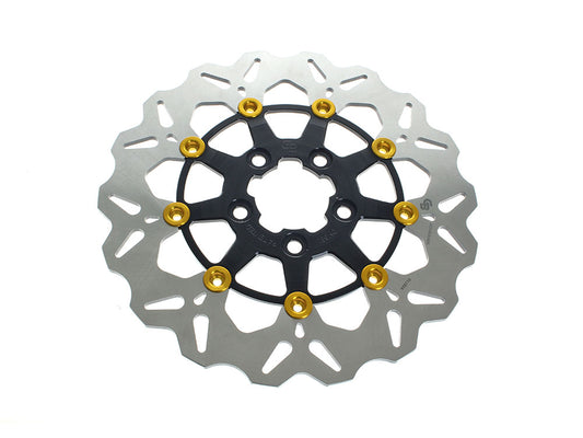 11.5in. Front Wave Floating Disc Rotor – Black with Gold Buttons. Fits Big Twin & Sportster 2000-2014.