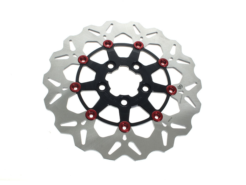 11.5in. Rear Floating Wave Disc Rotor – Black with Red Buttons. Fits Big Twin 2000up & Sportster 2000-2010.