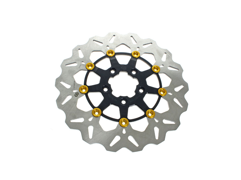11.8in. Front Wave Floating Disc Rotor – Black with Gold Buttons. Fits Dyna 2006-2017, Softail 2015up, Sportster 2014-2021 & Some Touring 2008-2023