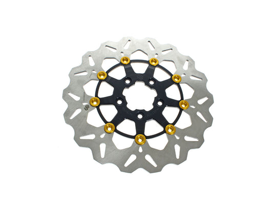 11.8in. Front Wave Floating Disc Rotor – Black with Gold Buttons. Fits Dyna 2006-2017, Softail 2015up, Sportster 2014-2021 & Some Touring 2008-2023