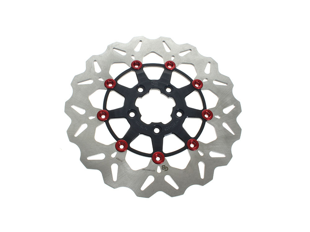 11.8in. Front Wave Floating Disc Rotor – Black with Red Buttons. Fits Dyna 2006-2017, Softail 2015up, Sportster 2014-2021 & Some Touring 2008-2023