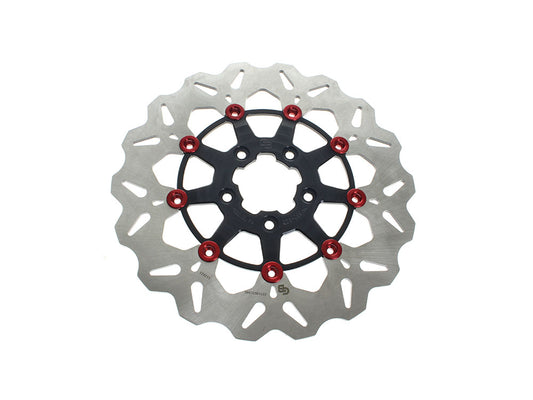 11.8in. Front Wave Floating Disc Rotor – Black with Red Buttons. Fits Dyna 2006-2017, Softail 2015up, Sportster 2014-2021 & Some Touring 2008-2023
