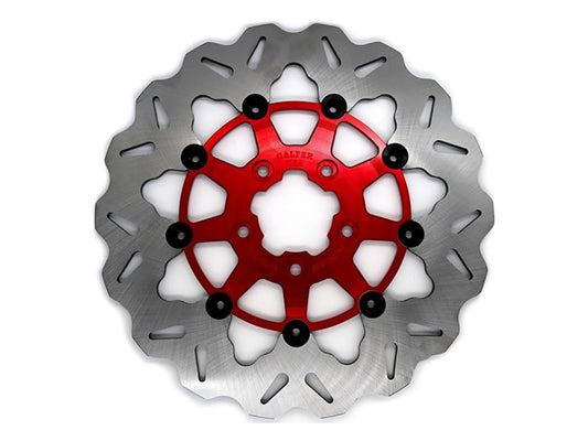 11.8in. Front Wave Floating Disc Rotor with Red Carrier. Fits Dyna 2006-2017, Softail 2015up, Sportster 2014-2021 & Some Touring 2008up.