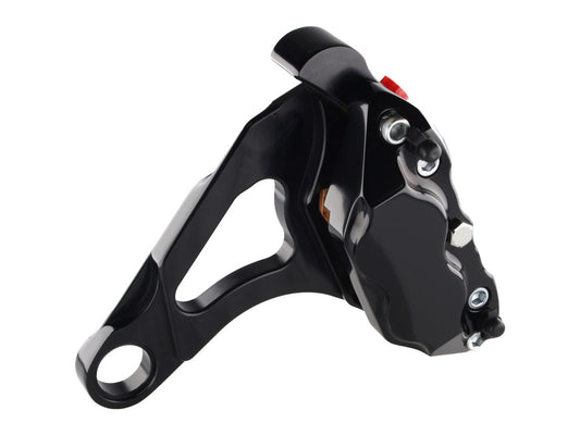 Right Hand Rear 4 Piston Caliper & Mounting Bracket – Black. Fits FX Softail, Fatboy, Rocker & Breakout 2008-2017 Models.