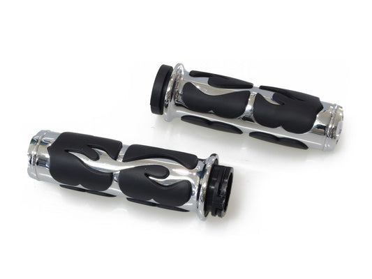 ISO Flame Handgrips – Chrome. Fits H-D with Throttle Cable.